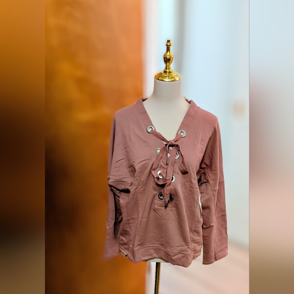 Active USA Tops - Active USA Lace-Up V-Neck Blouse - Dusty Rose